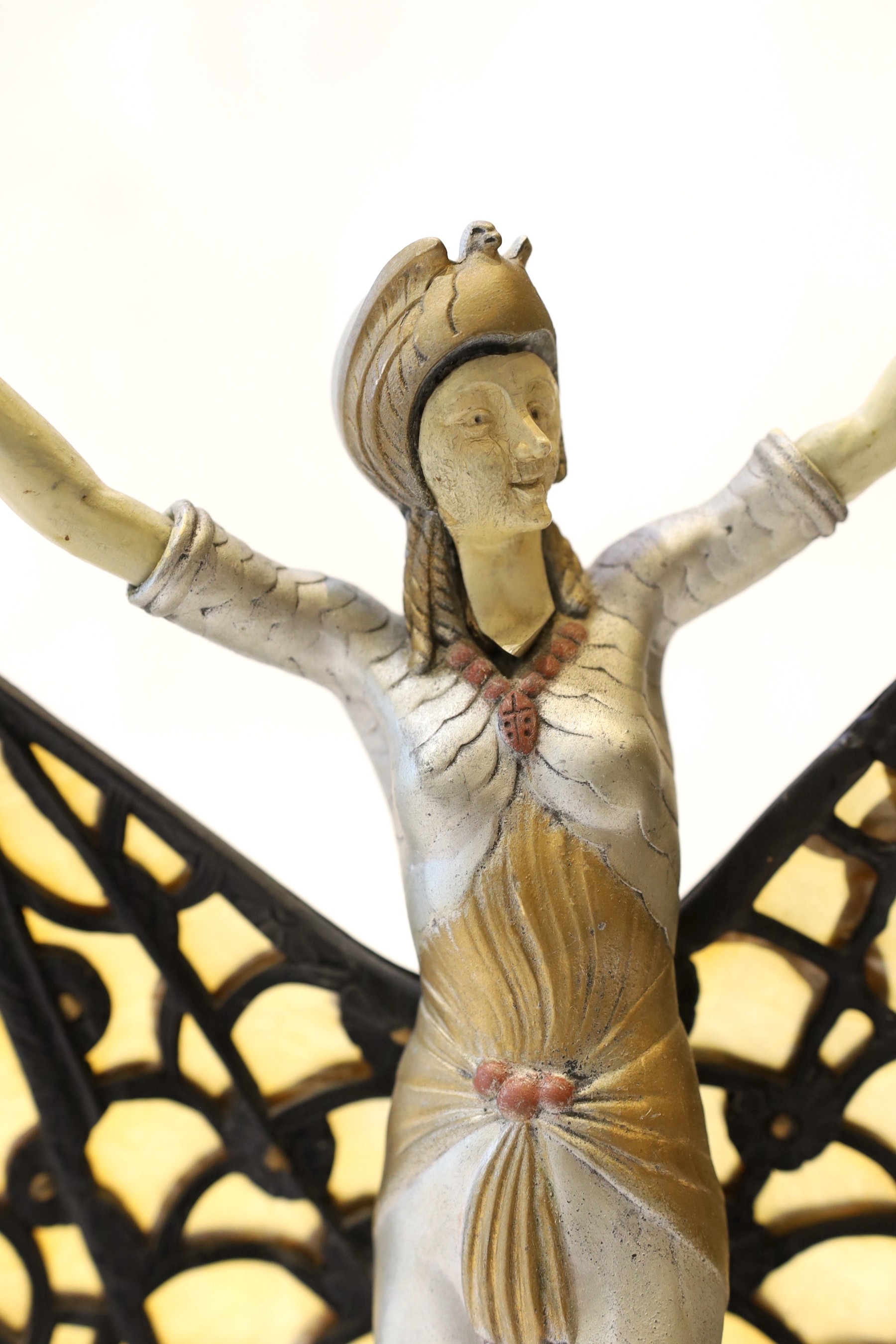 A 1920s French composition and metal butterfly dancer table lamp, on marble plinth, height 42cm